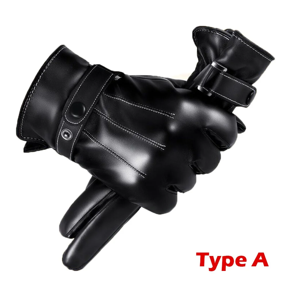 1 Pair High Quality Full Finger Black Riding Gloves  Men PU Leather Glove Winter Warm Touch Screen Gloves