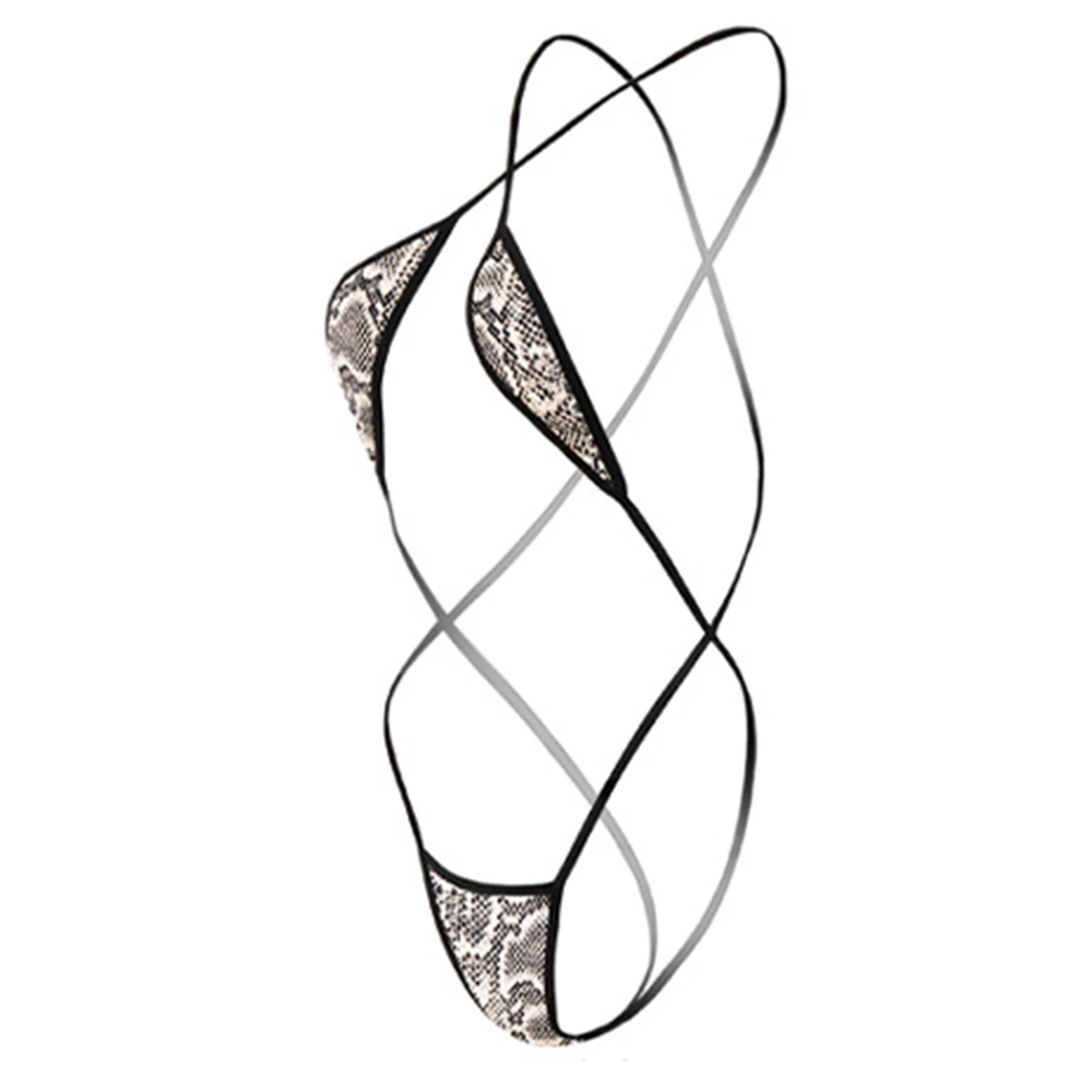 Women Sexy Lingerie Set Snakeskin Pattern Mini Bikini Bra T-back Super Mini G-string Siamese Thong Halter Neck Swimwear Lingerie