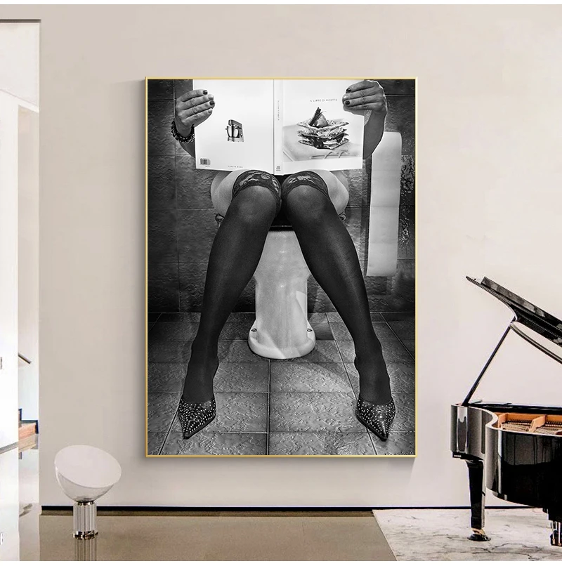 Read The Newspaper On The Toilet Poster Black White Women Photography Canvas Painting  Wall Art Pictures For Living Room