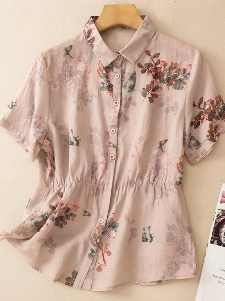 

Retro Cotton Linen Print Short Sleeve Women's Shirt Slimming Waist Design Summer Fashion Casual Style No Brand Registered