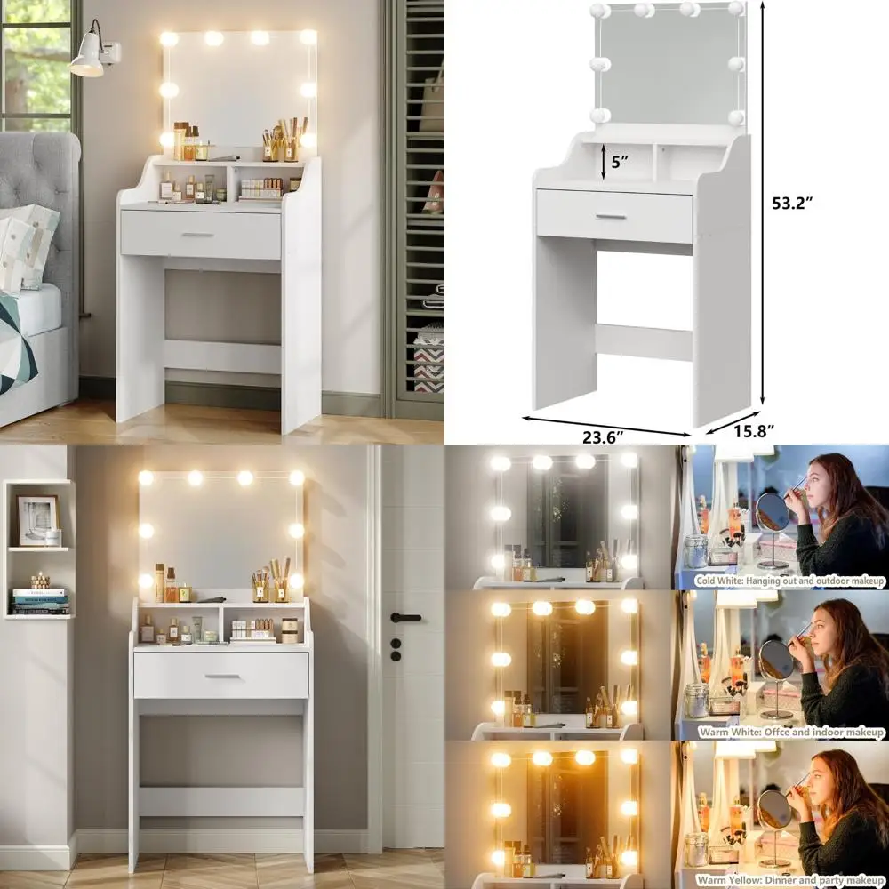

illuminated makeup vanity desk with 23.6" mirror, storage, and adjustable lighting modes
