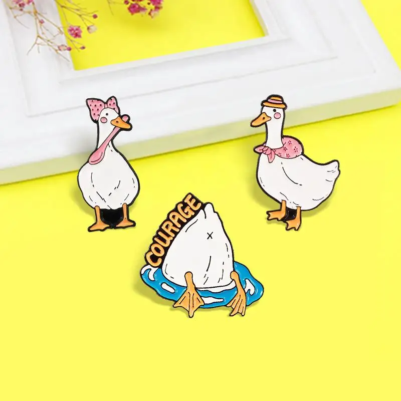 Cartoon Animal Enamel Pin Eating and traveling Swimming Courage Goose Duck Chicken Brooch Lapel Badge Jewelry Gift for Kids