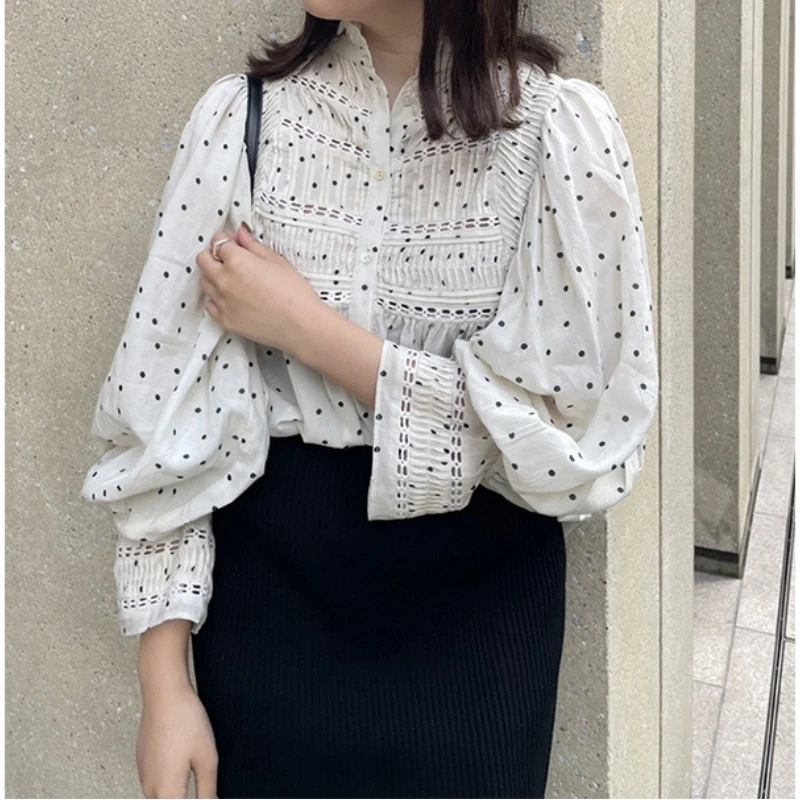 Neploe Lace Pleated Blouse Women Japanese Lovely Lantern Sleeve Stand Collar Shirts 2024 Spring New Polka Dot Loose Blusas