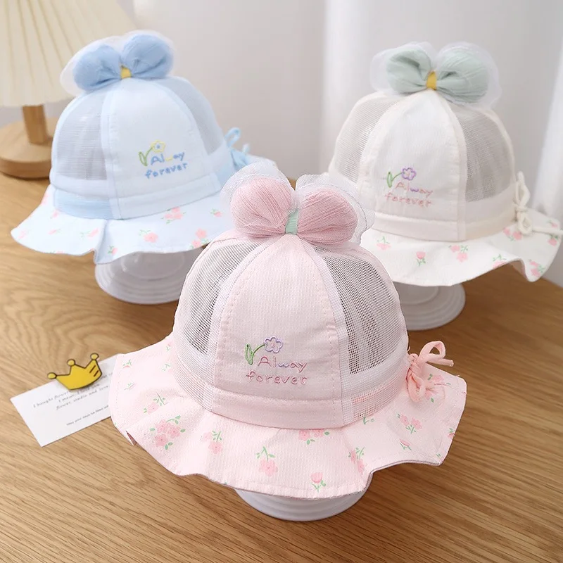 Baby hat - Spring new style - Girls' fisherman hat for young babies - Small age - Bow-shaped brimmed hat - Cute baby sun protect
