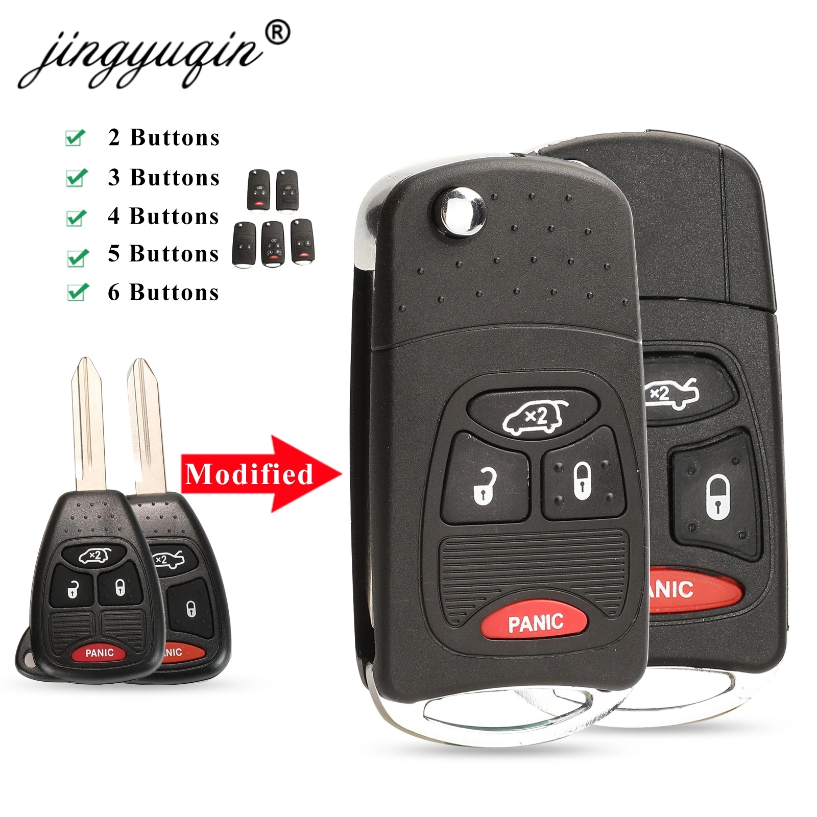 jingyuqin 2/3/4/5/6 BTN Flip Remote Key Case Shell For Chrysler Aspen 300 Dodge Jeep Commander Grand Cherokee Fob Car Key Cover