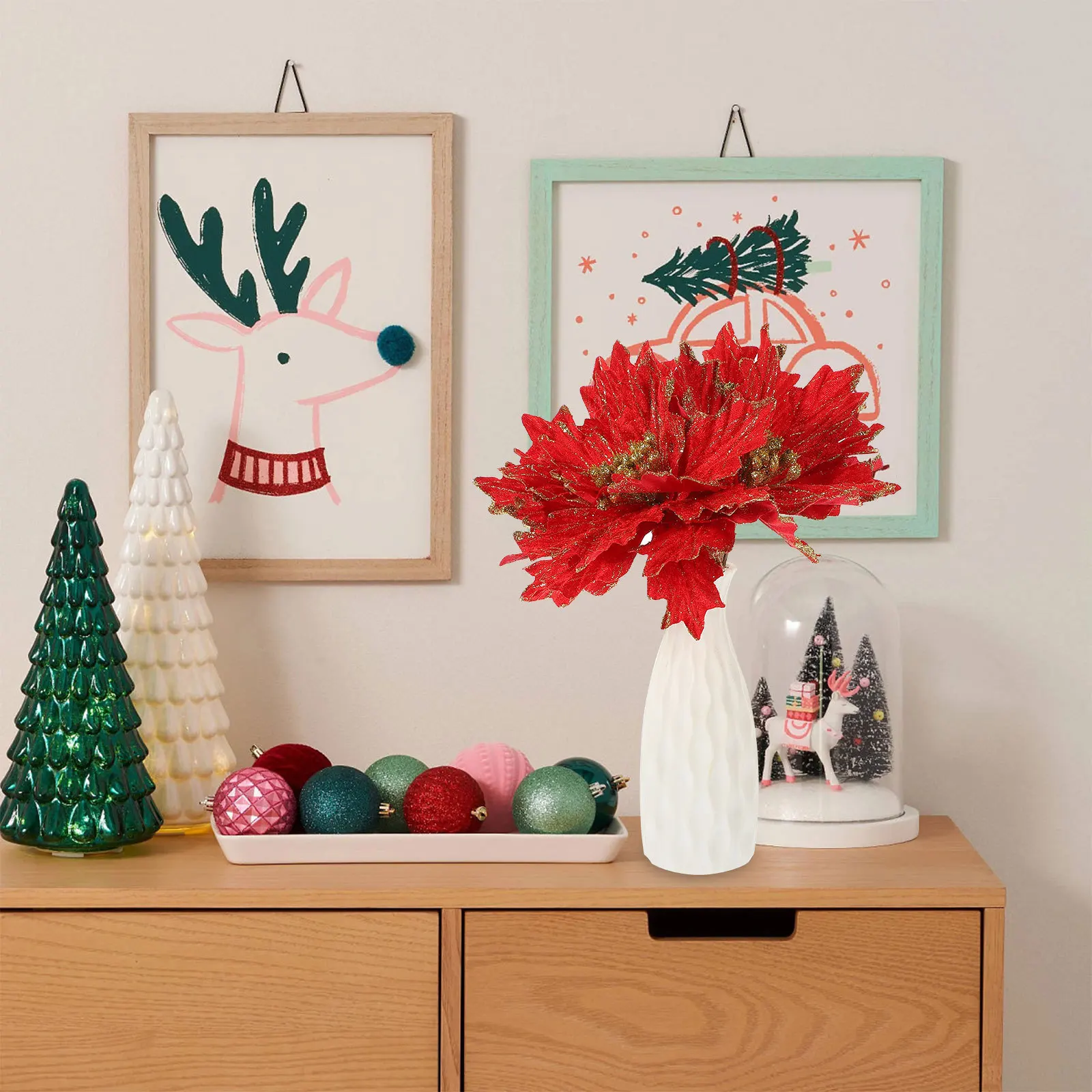 

4Pcs Artificial Christmas Flowers Poinsettia Xmas Tree Decorations Nonfading Reusable Festive Party Decor Xmas Poinsettia Flower