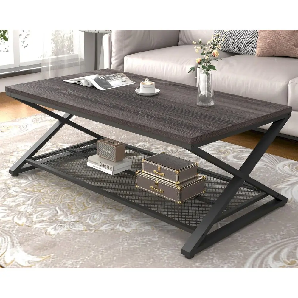 

Промышленный серый журнальный столик, двухуровневый центральный стол из дерева и металла с местом для хранения, низкий круглый коктейльный столик для гостиной, в стиле фермерского дома