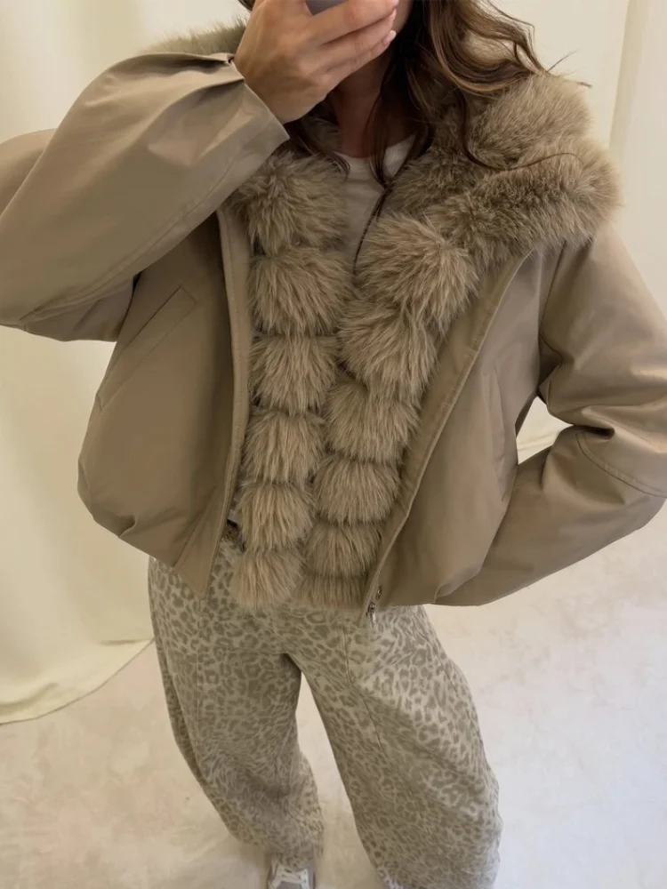 Women's Khaki Short Parka With A Large Fur Collar Zipper Snap Button Short Padded Coats 2026 Casual Daily Quilted Cropped Jacket
