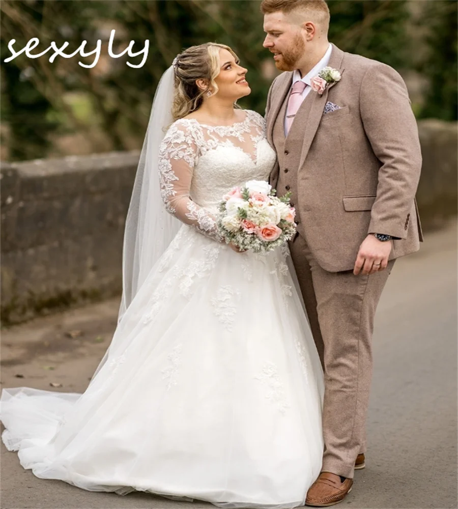 Elegante vestido de novia de encaje de hadas de talla grande una línea vestido de novia bohemio de manga larga de encaje Gatsby país nupcial al aire libre personalizado