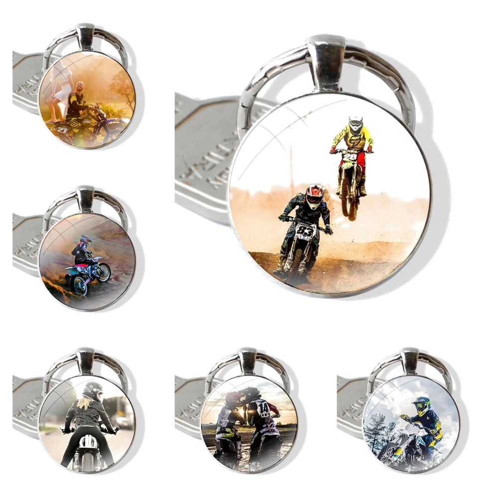 Motocross moto cross dirtbikes Glass Metal Pendant Key Chain Classic Men Women Key Ring Accessories Jewelry Gifts