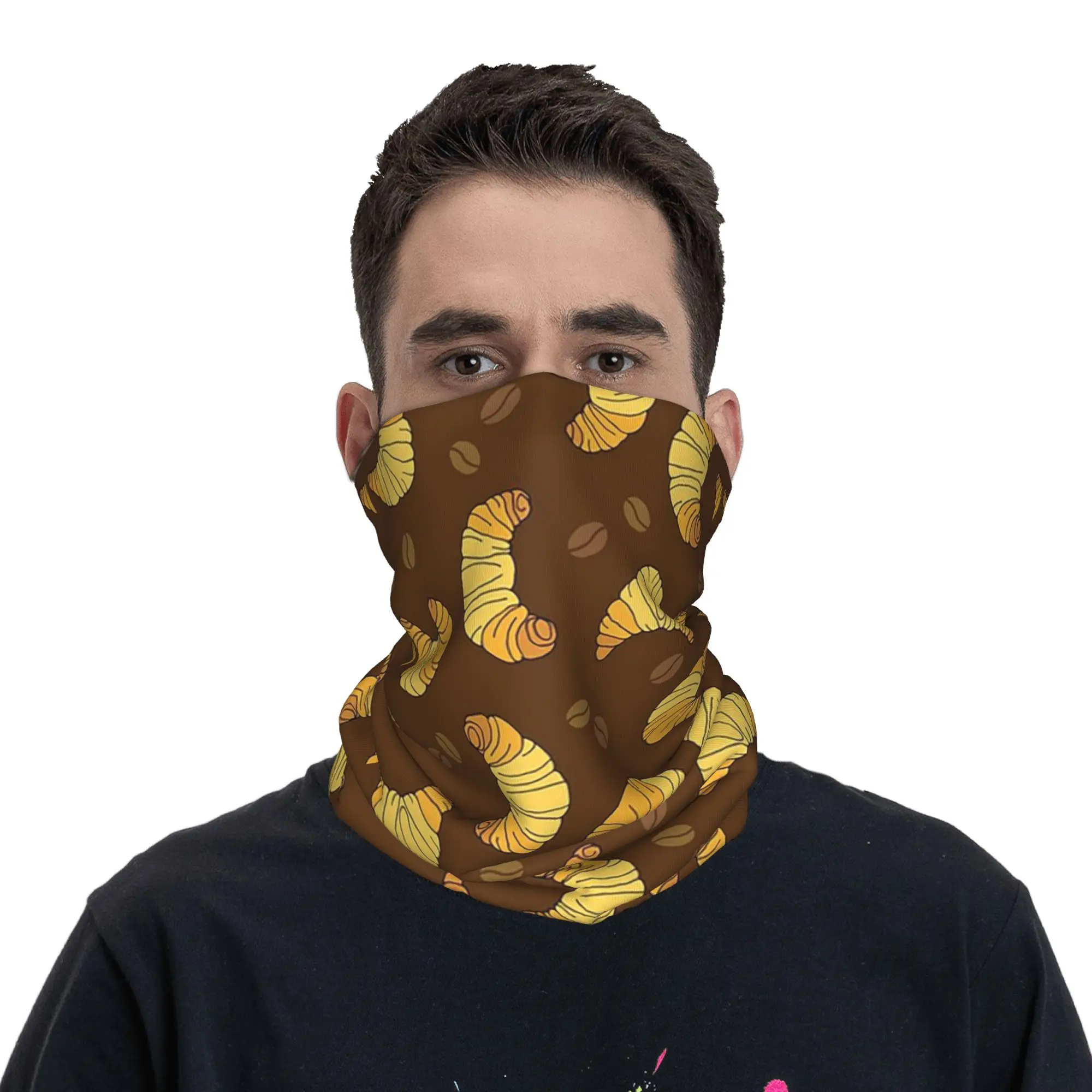 French Croissants and Coffee Beans Pattern Bandana Neck Cover Printed Magic Scarf Headband Riding for Men Women Adult Breathable