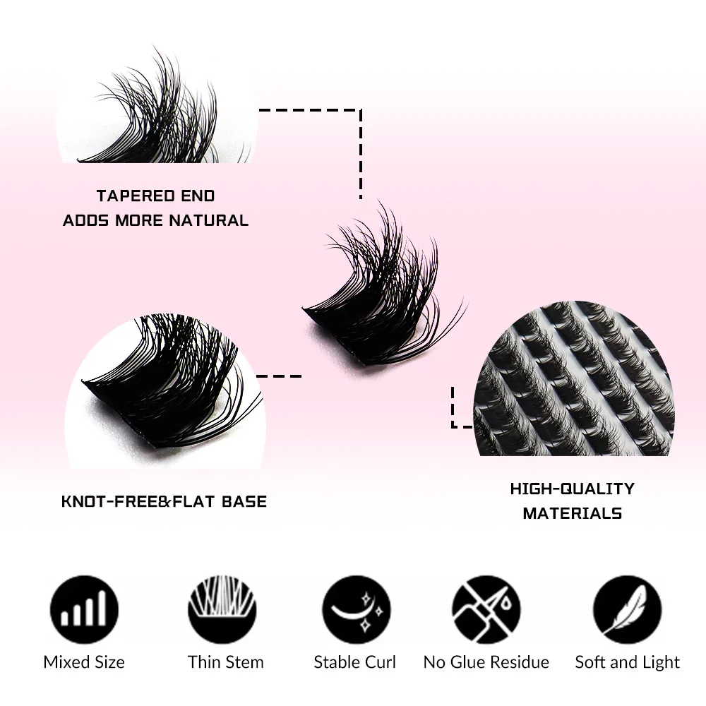 ふわふわクラスターまつげ 8-16mm 混合長さ DIY エクステンションつけまつげ、長くボリュームのある上まつげ