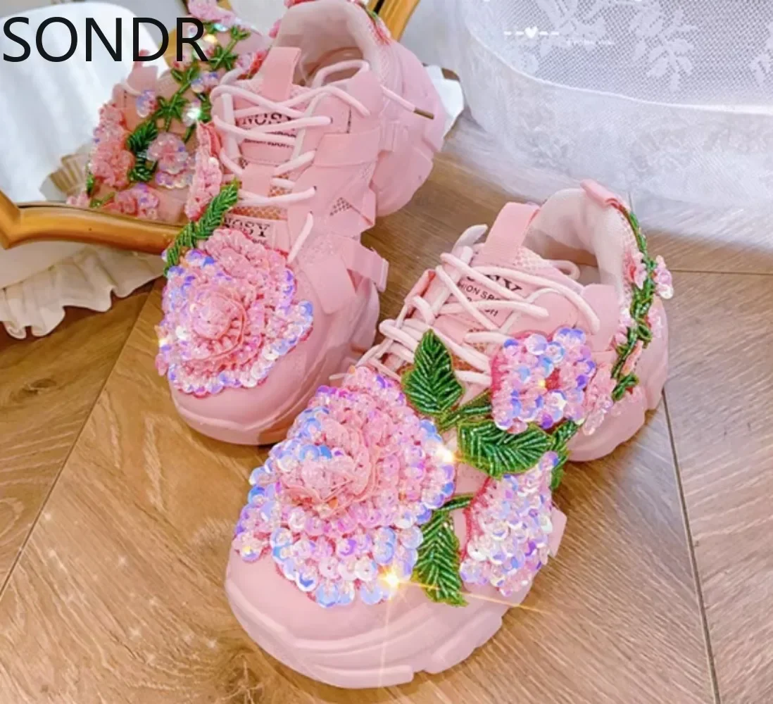 Womens Flowers Sneakers Lace Up Rhinestones DIY Flowers Butterfly Shiny Girls Shoes Casual Sweet Pink Lolita Gift New 2024