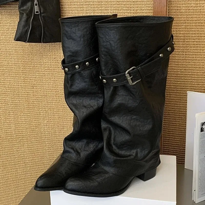 aneikeh-vintage-faux-leather-slouch-knee-boots-ladies-metal-rivet-buckle-strap-low-block-heel-pointed-western-cowgirl-tall-boots