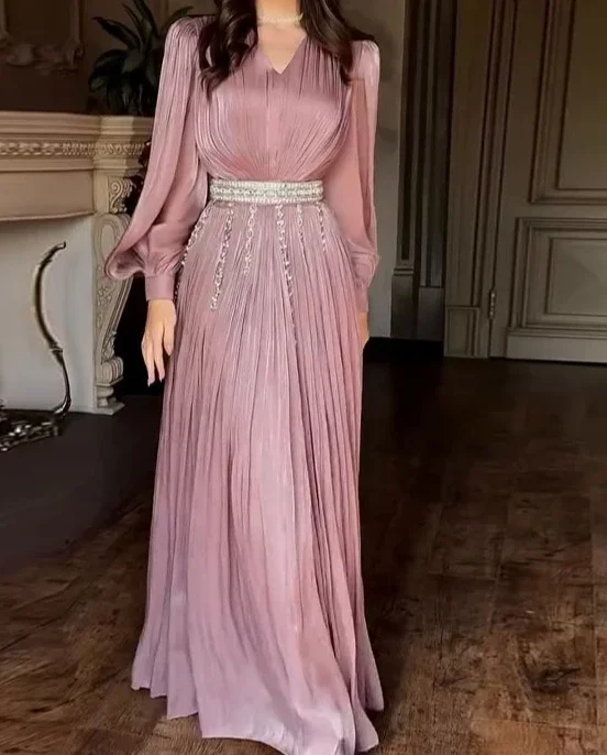 

Womens Dresses 2025 Spring Temperament Wedding Sexy Fashion V-neck Folded Chiffon Long Sleeve Pendant Maxi Flared Skirt Dress