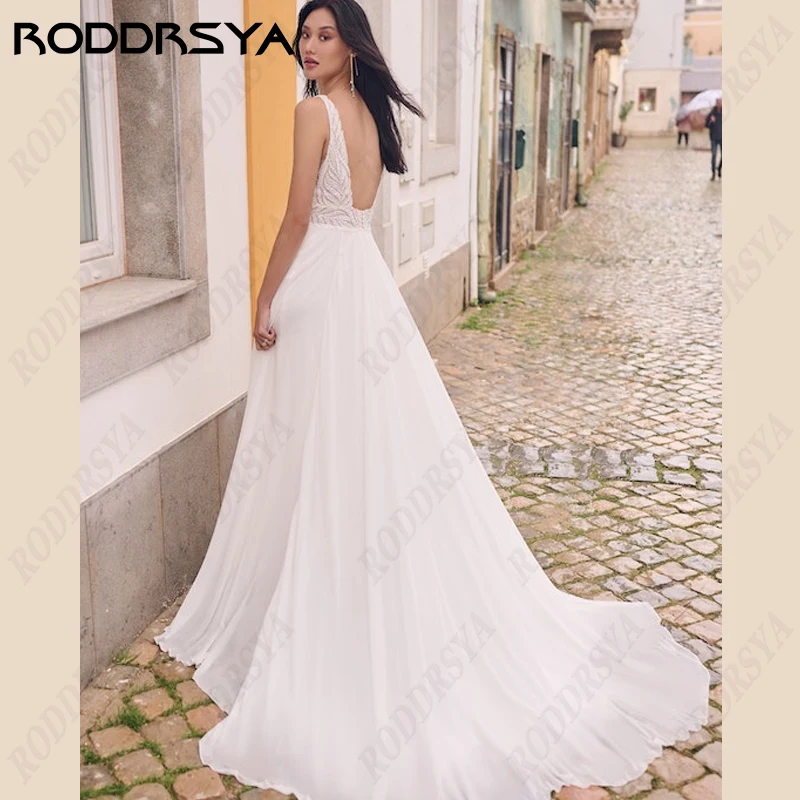 RODDRSYA Sexy V-Neck Beaded Wedding Dress For Women High Split Spaghetti Straps Chiffon Bridal Gown A-line Backless Bride Party