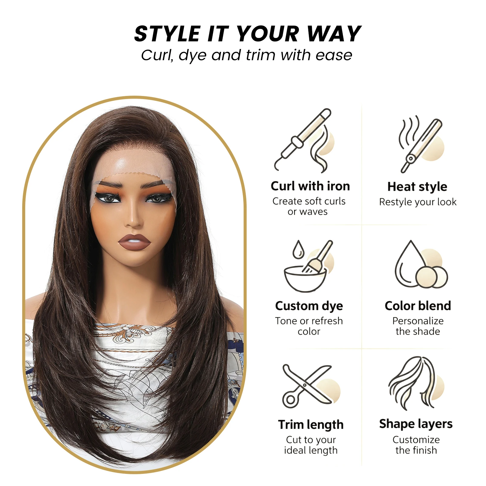 HAIRCUBE 13x6 Lace Front Wig Dark Brown Layered Straight Synthetic Wig Heat Resistant Glueless Wigs for Women Daily Halloween