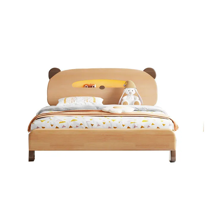Modern simple solid wood bed log color bear night light storage bed small apartment 1.5 m children's anti-drop guardrail bed