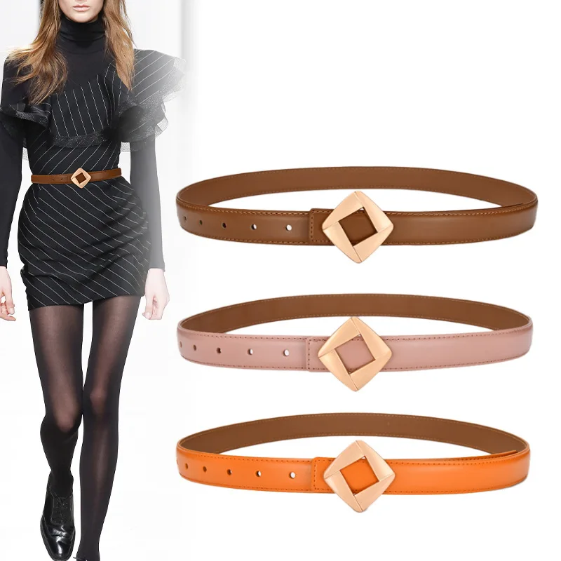 Wholesale Metal Rhombus Slide Buckle Split Leather Waist Belts 16 Colors Jeans Belt Corset Strap Plain Cowskin Cinturon Mujer