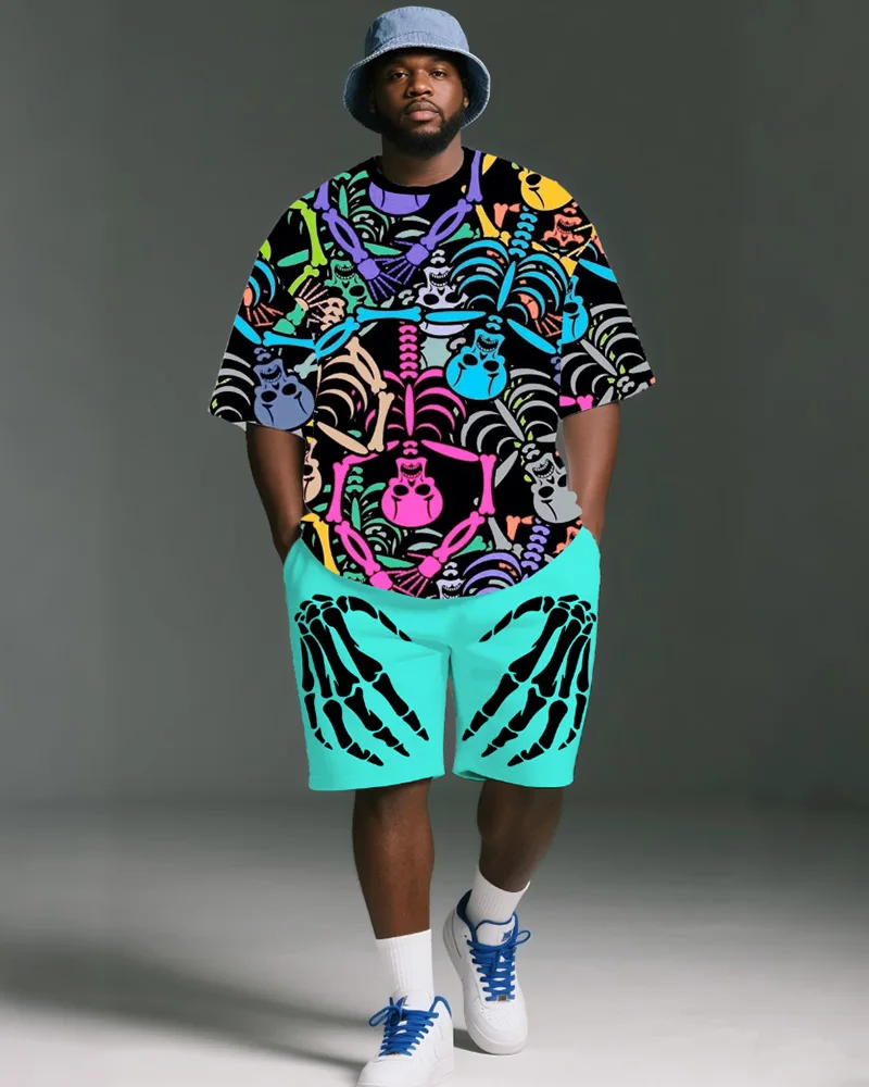 

Big & Tall S-9XL Men's Plus Size Halloween Hip-Hop Short-Sleeved T-Shirt and Shorts Two-Piece Set