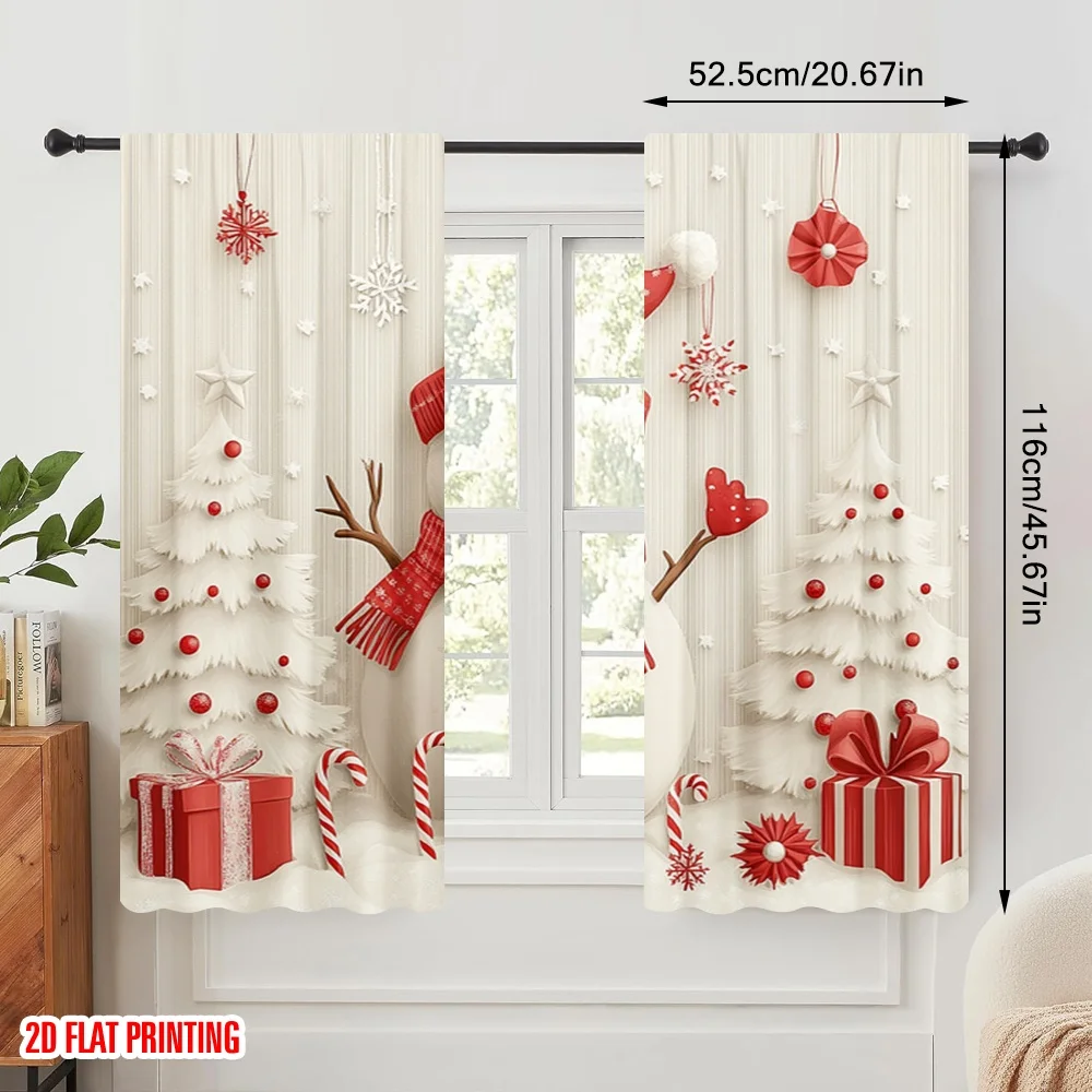 2pcs,2D plane printing Curtains Digital Printed Cute Snowman Christmas Trees Gifts Versatile Durable Polyester (without rod)