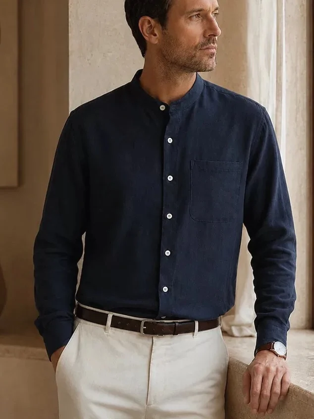 Premium Cotton Linen Men's Shirt American Casual Long Sleeve Henry Collar Slim Fit Workwear Simulation Linen Shirt Trendy