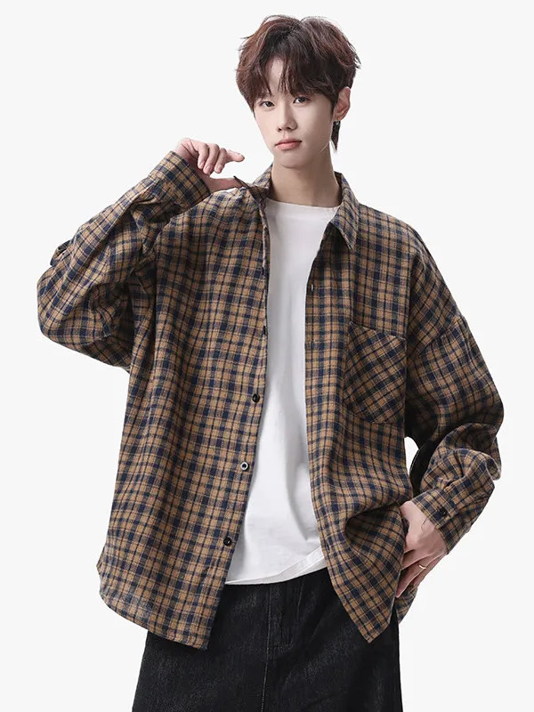 

TANGZ Studio American Retro Plaid Long Sve Men's irt Spring Loose Casual Versatile Haome Trendy Breathable Polyester ...