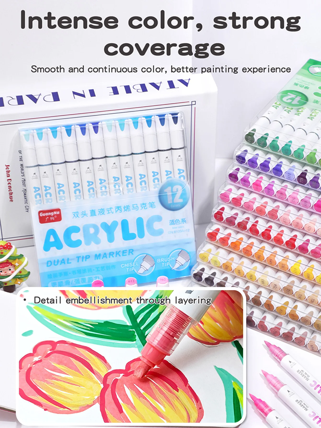GuangNa 12/132 Farben Doppelkopf Acryl Malerei Marker Gerade Flüssigkeit Pype Acryl Marker Stifte Set Schreibwaren, GN.8109 – Detail 12