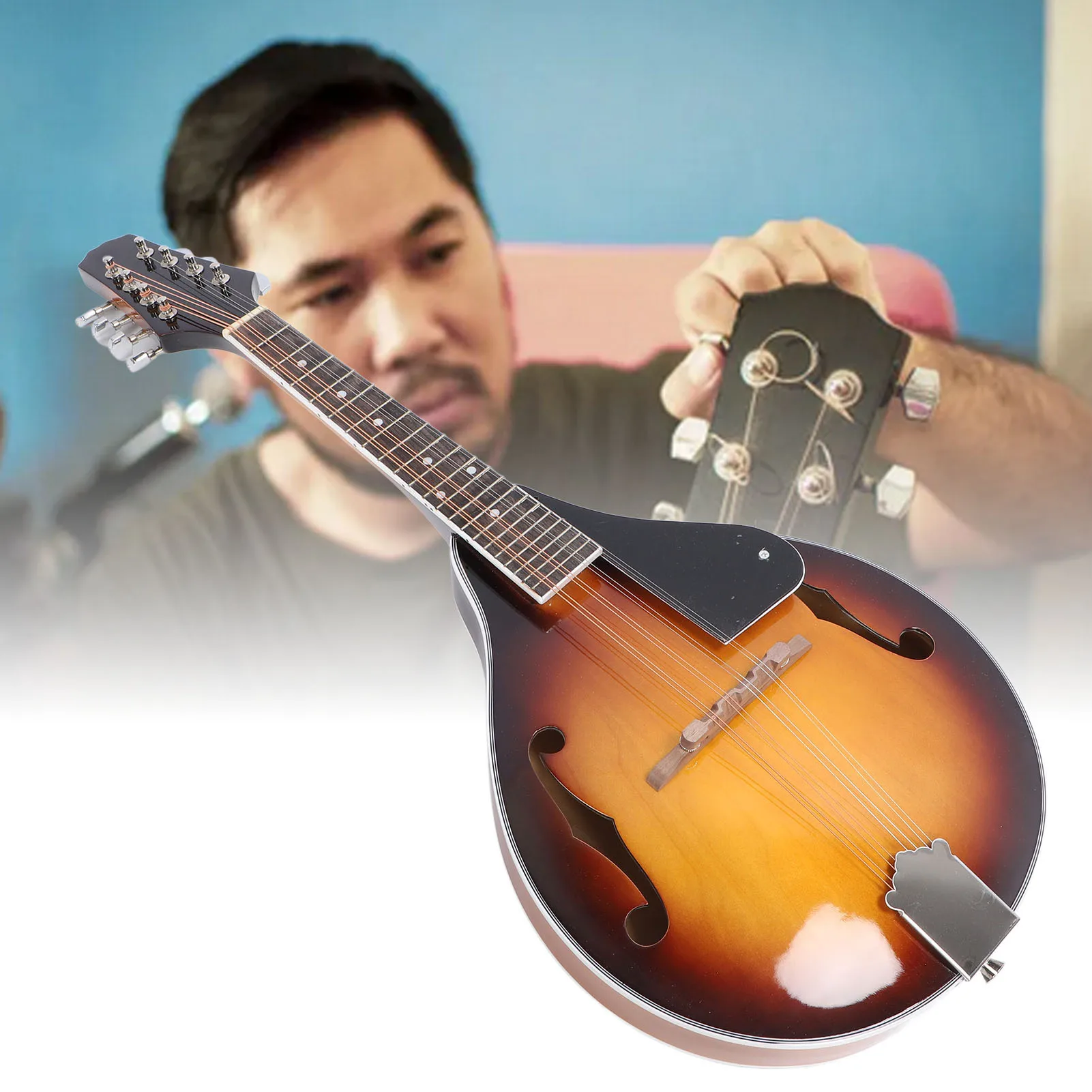Mandolin Instrument Set, 8 String Acoustic, Right Handed, with Strings, Bag, Picks, Cleaning Cloth