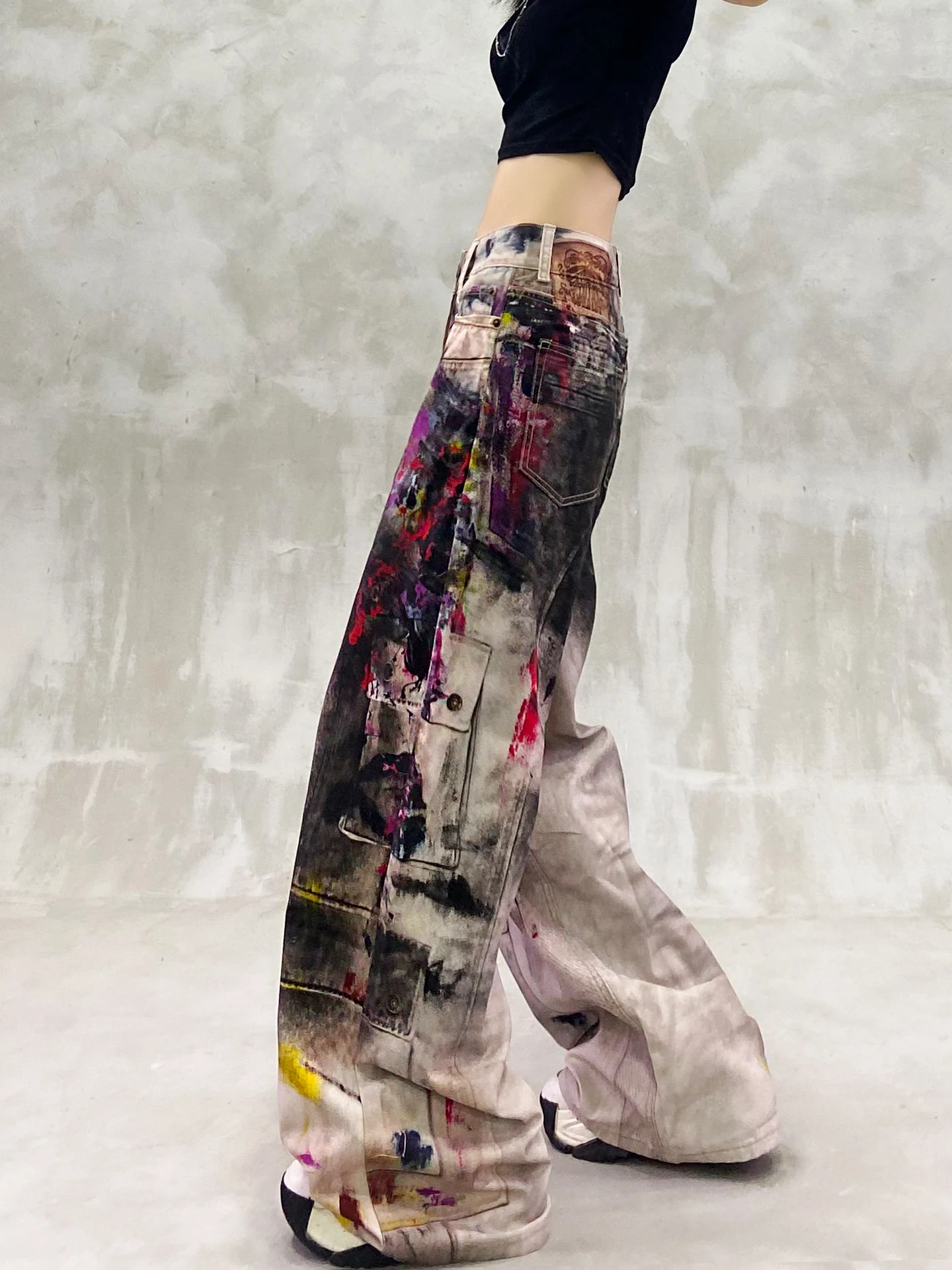 Cool Colorful Graffiti Jeans 2025 Summer New High Waist Loose Slimming Versatile Straight Wide Leg Floor-Length Pants