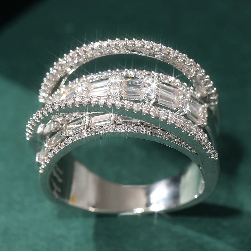 Exquisiter silberfarbener, mit weißen CZ-Steinen eingelegter Damenring, geometrisch, hohl, für den täglichen Gebrauch, Partyschmuck – Detail 2