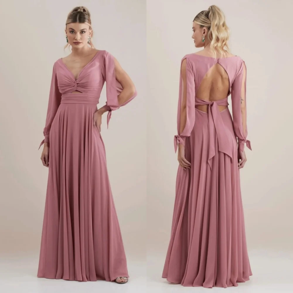 

Customized Chiffon Sash Backless Long Dresses Sexy V-neck Bespoke Occasion Prom Party Simple Elegant Sizes Available Formal