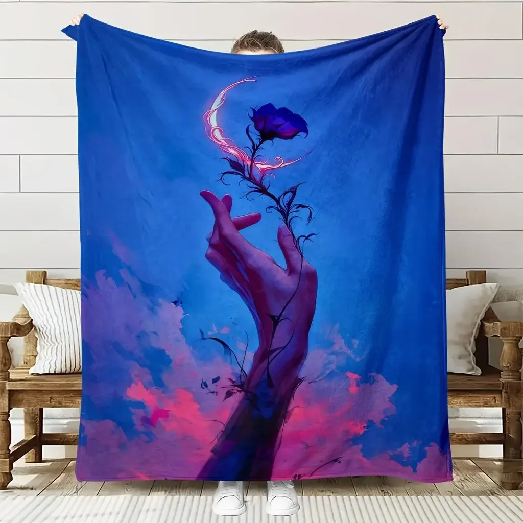 Luxury gsm Flannel Throw Blanket  Deep Blue to Pink Ombre with Night Sky  Floral Design