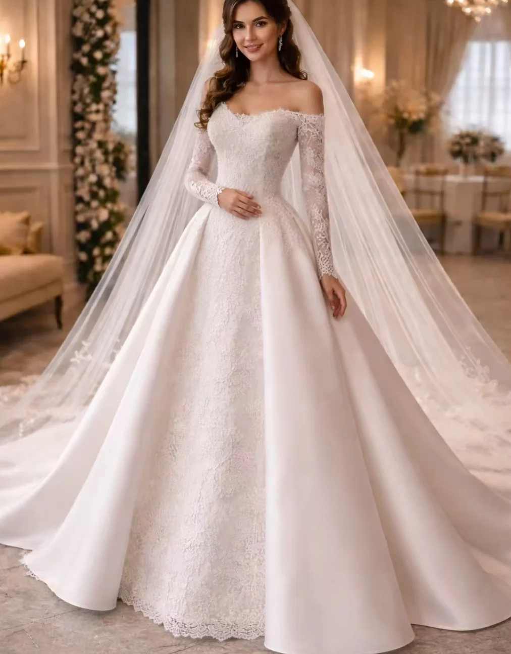 Customized Graceful A Line Wedding Dress For Women Off Shoulder Long Sleeves Bridal Gowns  Lace Dress