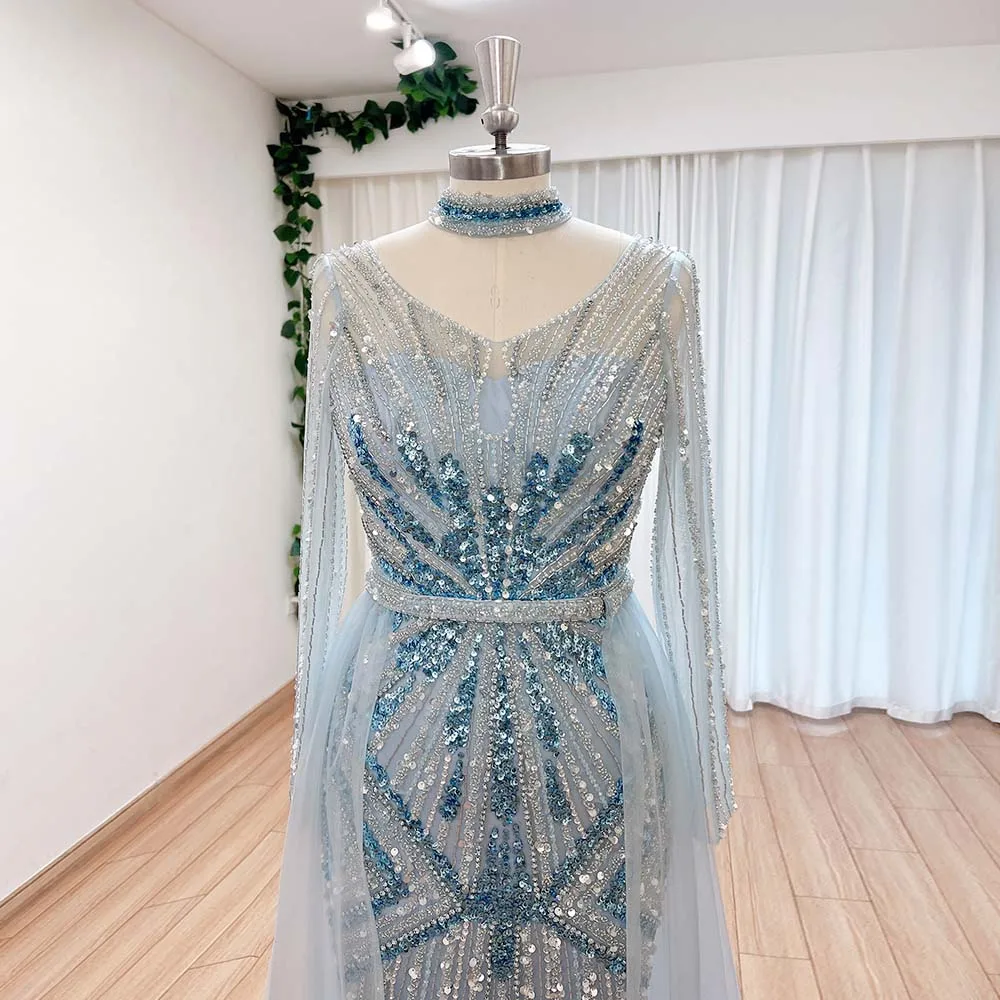 Elegant Mermaid Beads Evening Dress for Women with Detachable Train 2024 Long Sleeves Side Slit Formal Prom Wedding Party Gowns