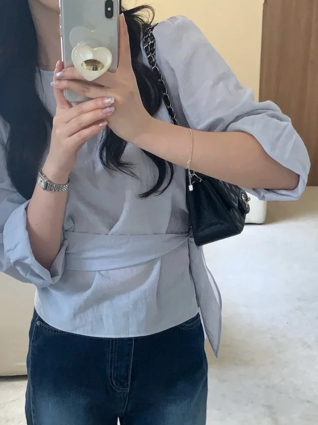 

Женская рубашка в корейском стиле с круглым вырезом, пуловер с рукавами-фонариками, с поясом на талии, весна 2026, модная повседневная модель из полиэфирного волокна