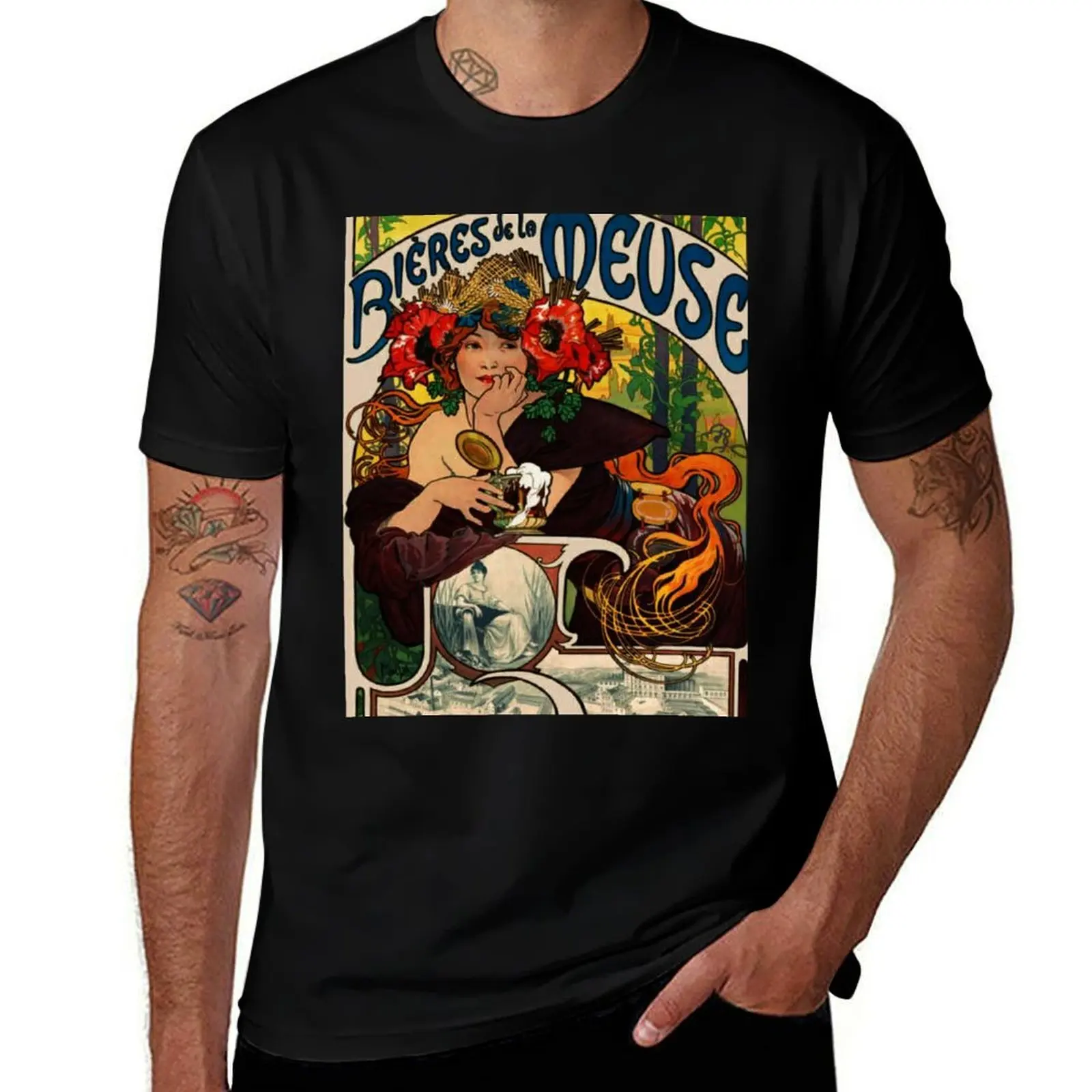 Alphonse Mucha Bieres de la Meuse T-Shirt Casual Simple Design Short Sleeve Shirt T-Shirt
