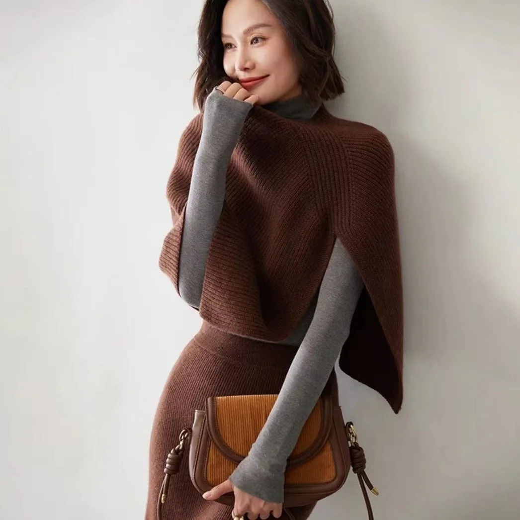 Split Design Knitted Integrated Shawl Scarf, Womens Warm Pullover Neck Warmer, Fall Winter Layering Shoulder Cape Wrap