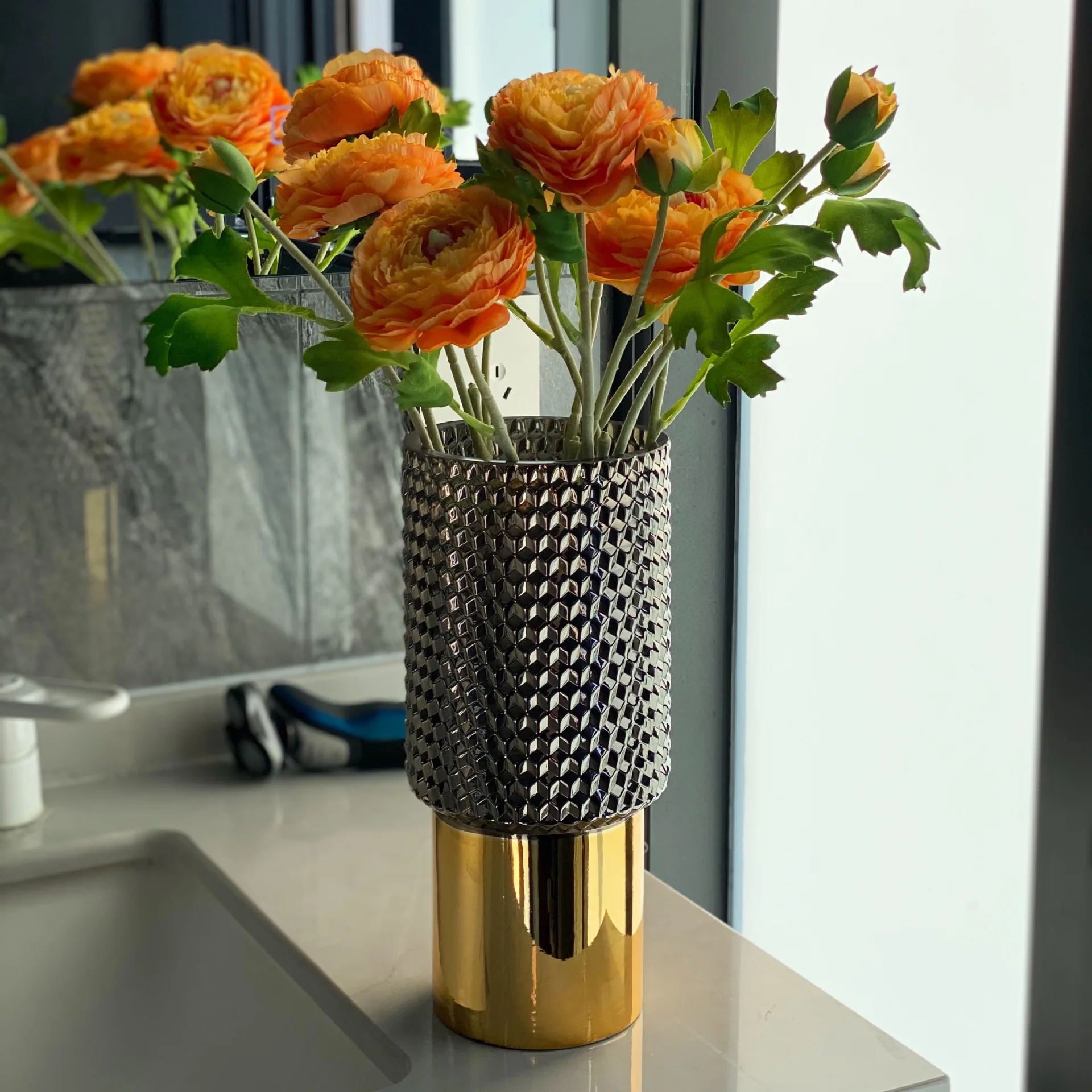 European style light luxury electroplating golden glass vase decoration home soft flower arrangement