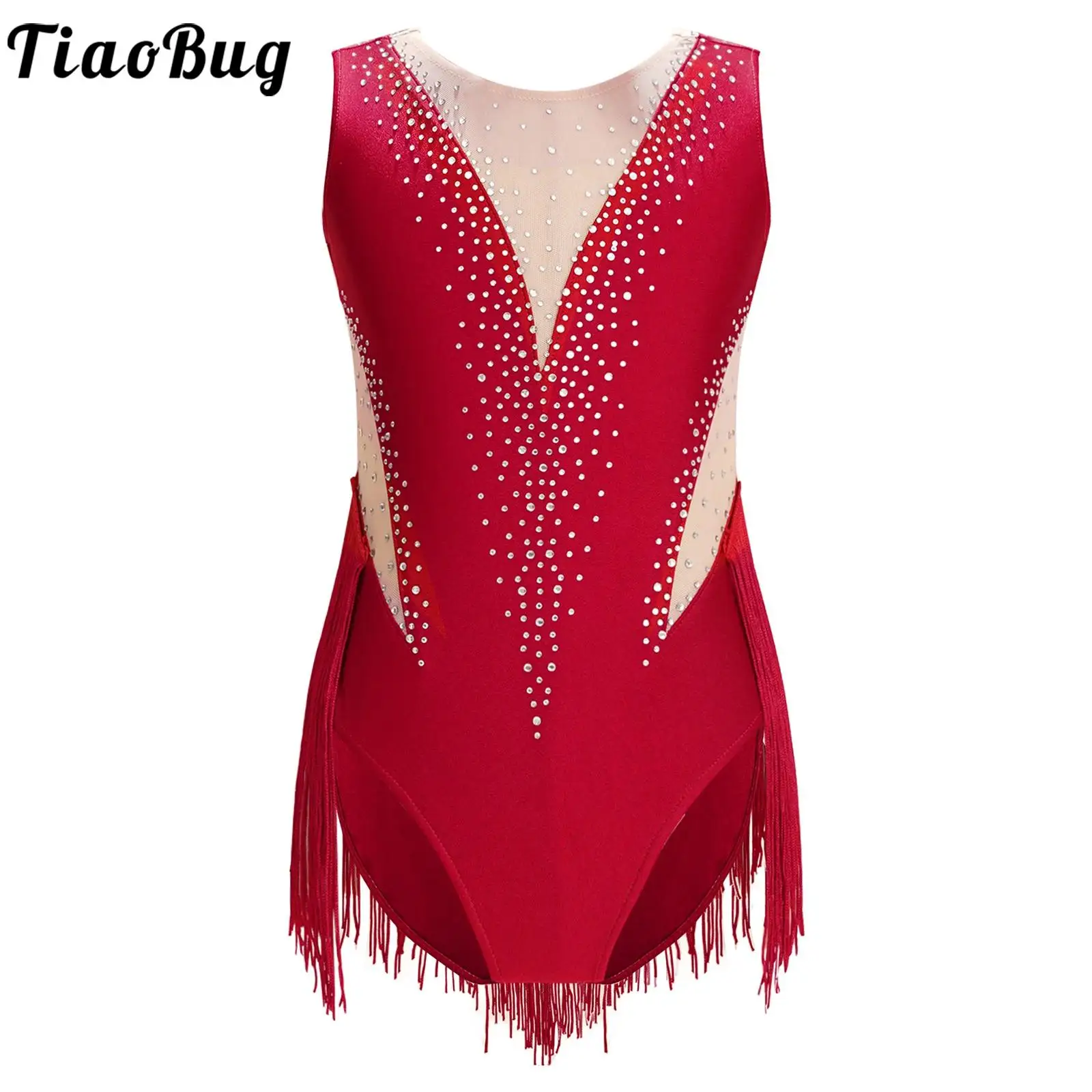 

Kids Girls Rhinestone Gymnatics Ballet Leotards Figure Skating Jumpsuit Dance Costume Mesh Tassel Latin Jazz Bodysuit Dancewear