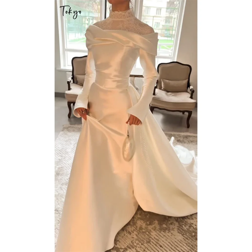 Tokyo High Neck Lace Off The Shoulder Long Sleeve Satin A Line Wedding Dress Vintage Luxury Bridal Gown For Wedding Ceremony
