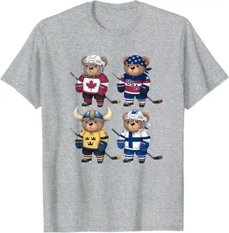 Four Nations Battle Global Face-Off Teddy Bear Hockey 2025 T-Shirt Humor Funny Graphic Saying Tee Short Sleeve Blouses Cool Gift