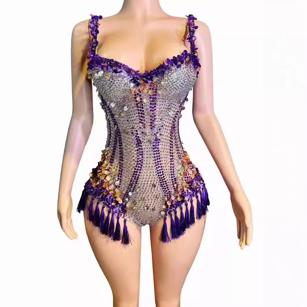 

Purple Glitter Luxury Dresses Jewel Stretch Bodysuit Stage Singer Dancer Performance Costume Sexy Rave Outfit Women Fashion Clot