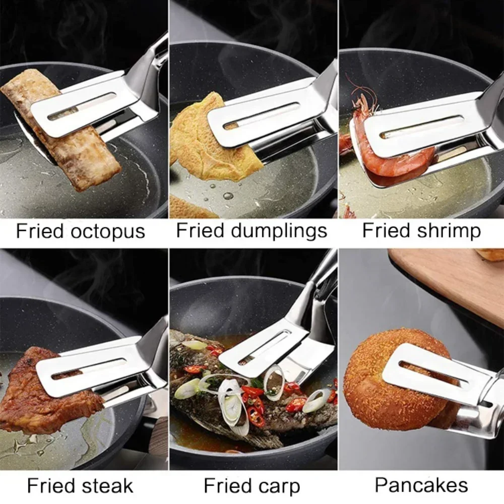 JJYY Stainless Steel Multifunctional Spatula Clip Steak Flip Tongs Toast Pancake Clip Kitchen Cooking Turner