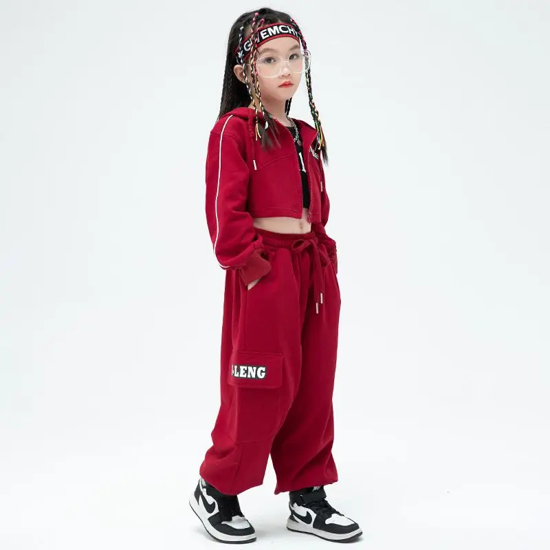 Girls clothes Dance Sports Sets Kids Hooded Net Cover Hooded Coat And Pants Suit Fashion Jazz Modern Street Dance Costumes