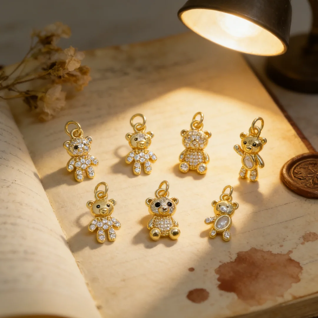 5Pcs Pendants Bear Shiny Charms Gold Plated Inlay Zircon DIY Jewelry Making Accessories for Necklace Bracelet Craft Women Men