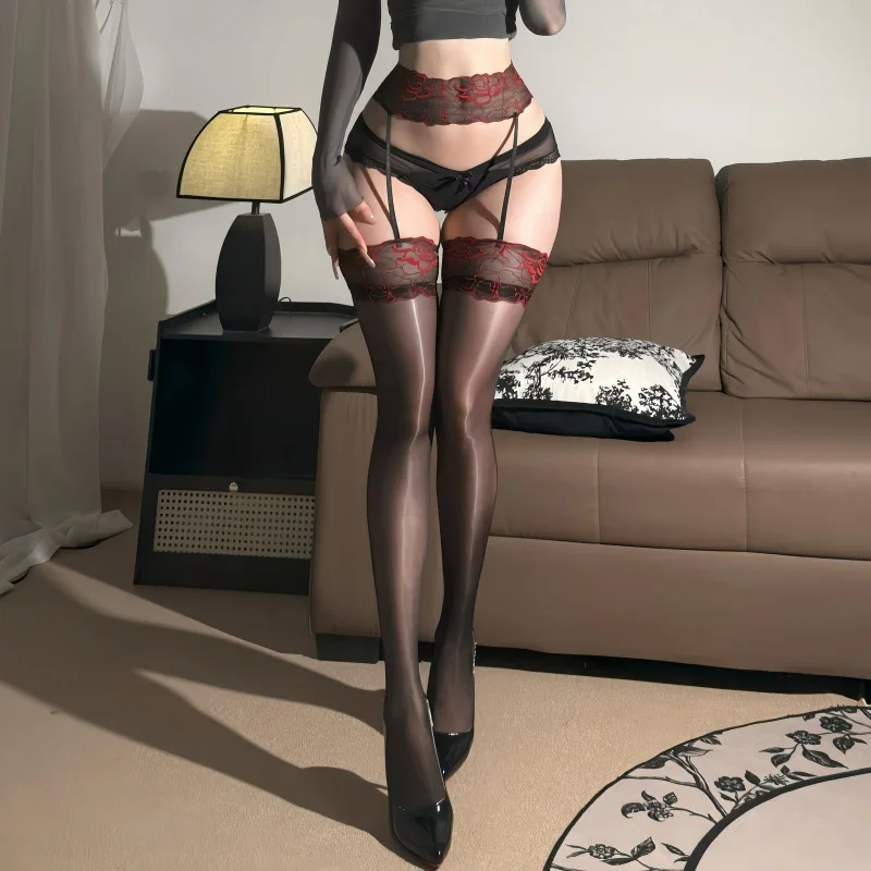 Calze monopezzo con giarrettiera a tubo lungo Aurora in pizzo bicolore Calze ultrasottili 0D lucide sexy in seta nera Hot Girl