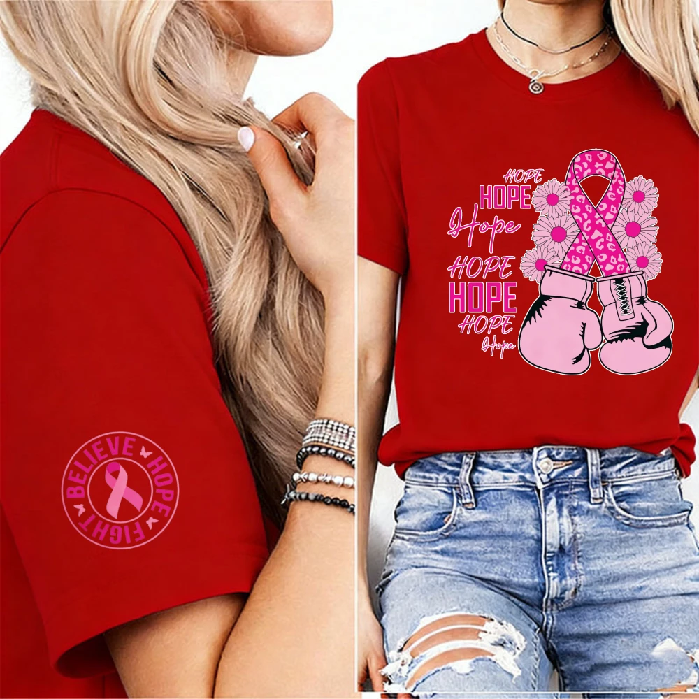 Hope Boxing Glove Floral Pink Ribbon Women T Shirt Believe Hope Fight Circular Cuff Graphic Breast Cancer Awareness Casual Tees