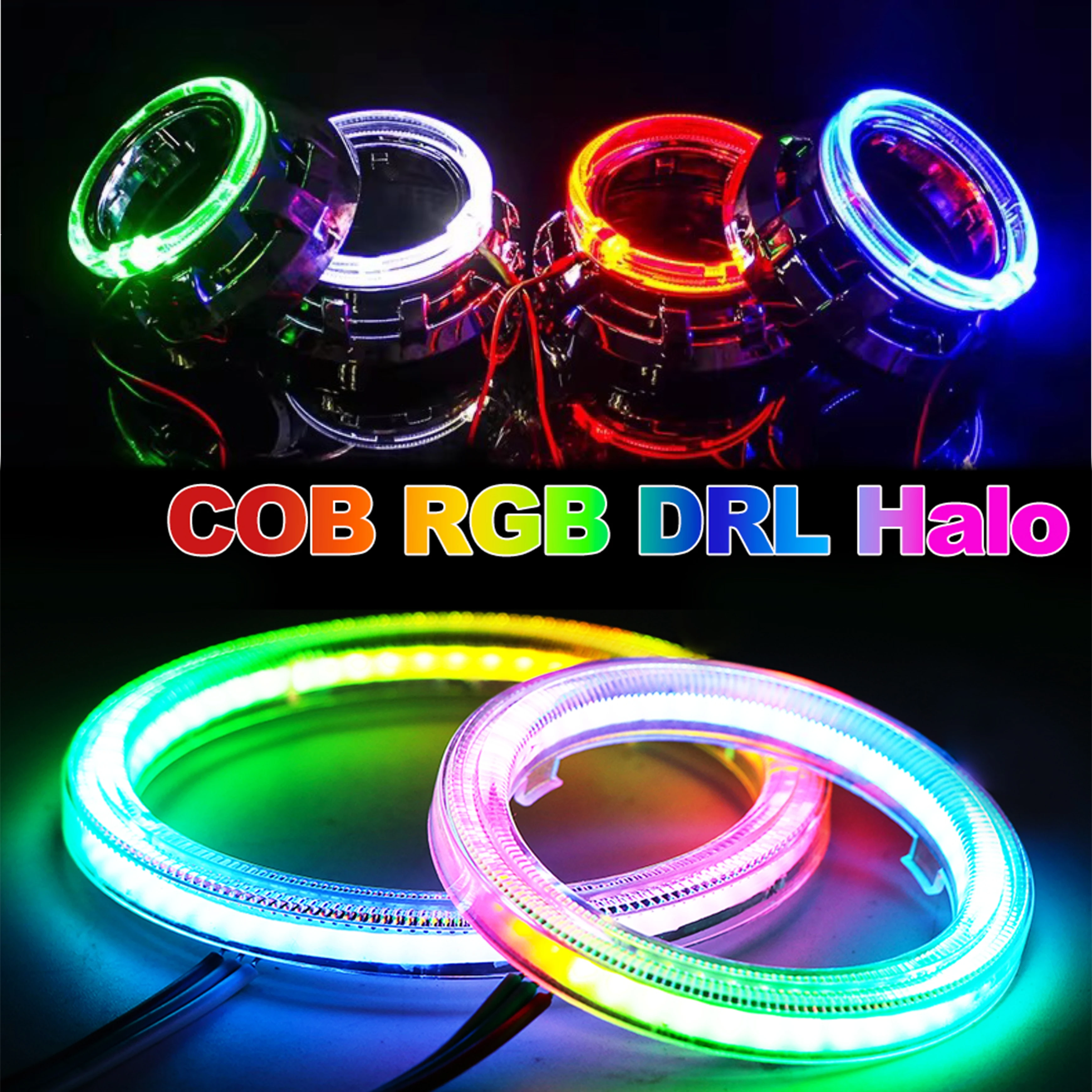 Chasing Color COB Angel Eyes Halo Ring RGB DRL WiFi Bluetooth APP Control 60-120mm For Car Motorcycle Headlight Modification
