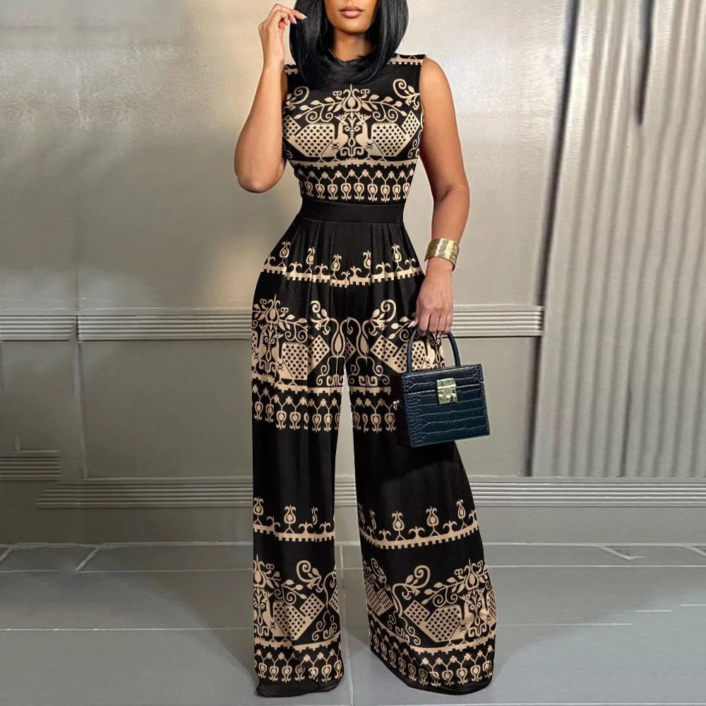 

Elegant Women Wide Leg Long Juumpsuit 2024 Spring Summer Fashion Printed Sleeveless Casual Holiday Bodysuits Jumpsuits Trousers